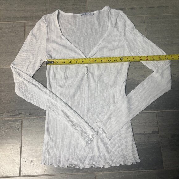 Michael Stars Ribbed Henley Long Sleeve Tee Scalloped Hem Cuffs White One Size - Picture 6 of 8